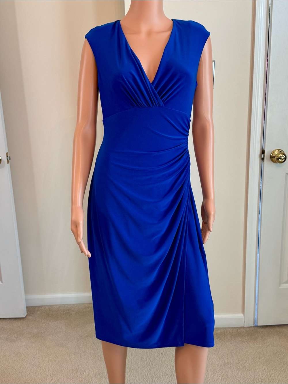 Lauren Ralph Lauren Vintage Faux Wrap Royal Blue Jersey Knit Stretch Dress Sz 10